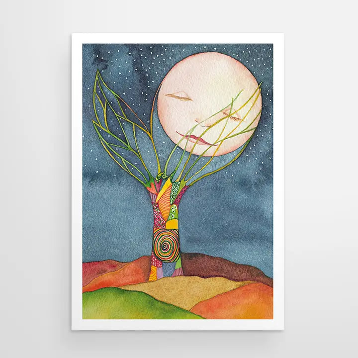 Sleeping Moon Patchwork Tree Greeting Card