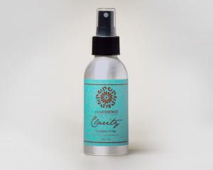 Silver spray bottle with turquoise Clarity label